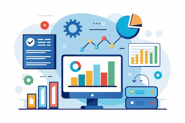 A computer screen displaying a graph with business data analysis in a simple and minimalist flat design Analyze business data Simple and minimalist flat Vector Illustration