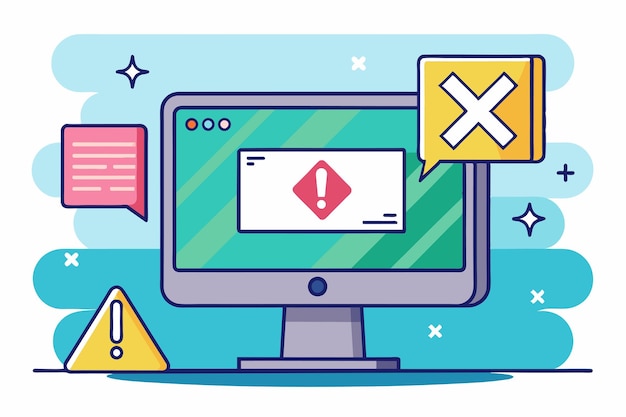 Vector a computer screen displays warning messages indicating potential damage issues highlighting concerns users may face during work