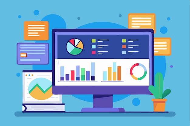 Vector a computer screen showcases data visuals with colorful charts and graphs for analysis computer screen with charts windows isolated vector style
