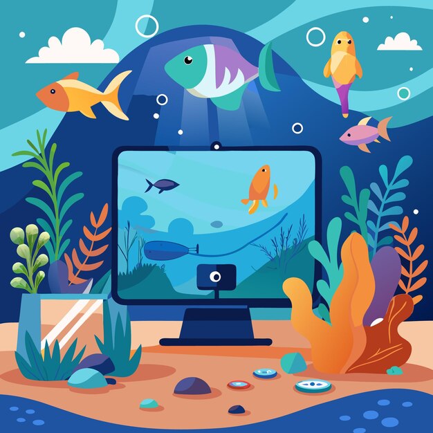 Vector computer screen shows underwater scene with fish and coral