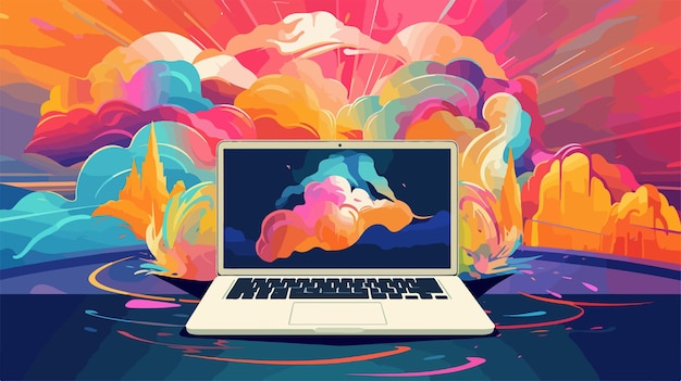 Vector a computer screen with a cloud and a cloud in the background