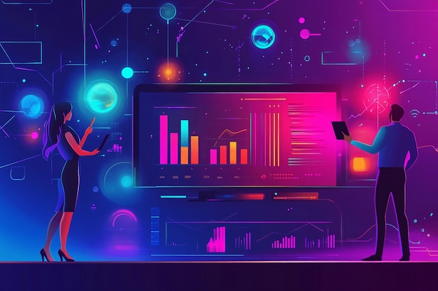 Vector a computer screen with a colorful background with a graph showing graphs and charts