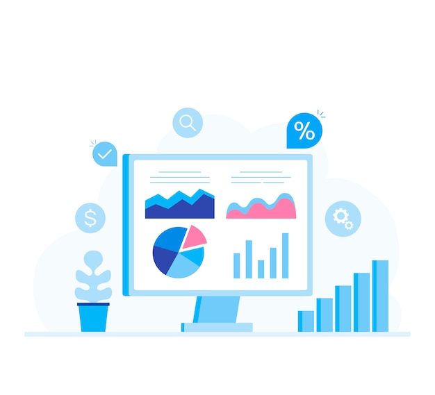 Computer screen with data analysis graphs and charts.