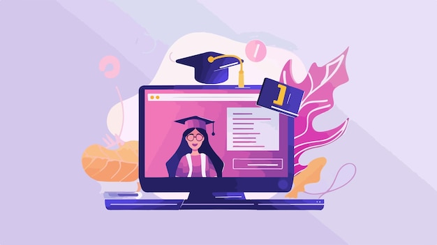 Vector a computer screen with a woman on it and a graduation cap on it