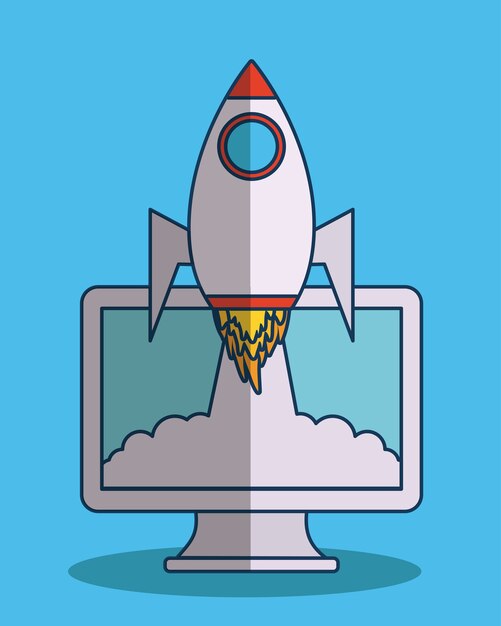 Vector computer and space rocket icon