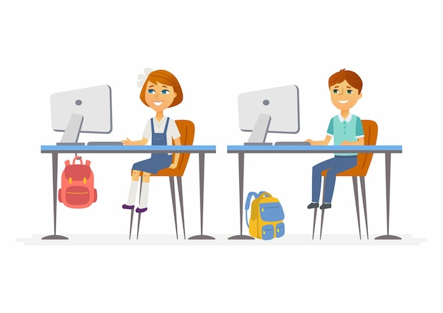 Computer studies - modern vector illustration of happy little junior school children working at the PCs. Boy and girl studying in classroom, having online lesson, courses, webinar