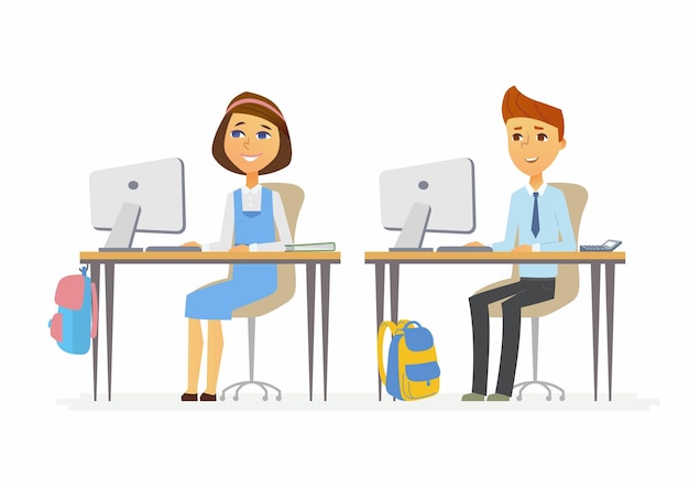 Computer studies - modern vector illustration of happy teenage senior school children working at the PCs. Boy and girl studying in classroom, having online lesson, courses, webinar