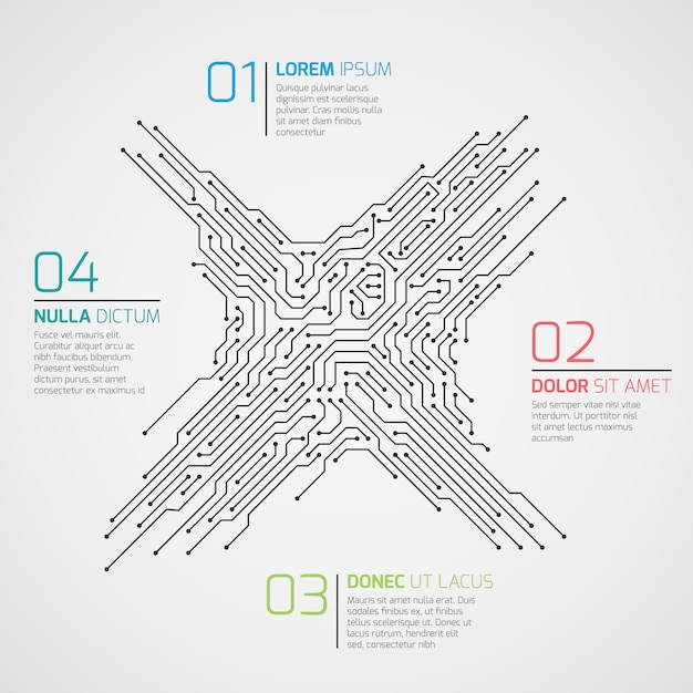 Computer technology vector infographic template with circuit board and options. Electronic high tech