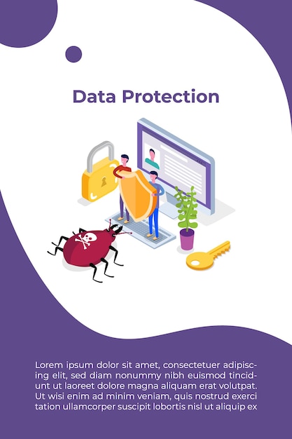 Computer virus, Data Protection isometric concept, Network data, Internet security, Secure bank transaction.  Vector illustration.