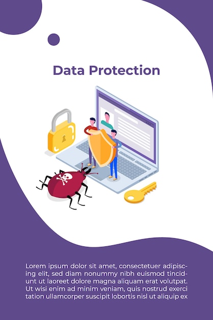 Computer virus, Data Protection isometric concept, Network data, Internet security, Secure bank transaction.  Vector illustration.