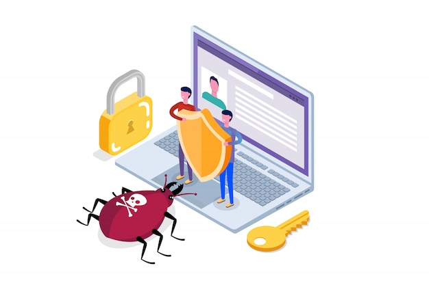 Computer virus, Data Protection isometric concept, Network data, Internet security, Secure bank transaction. 