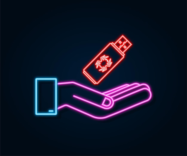 Computer virus on usb flash card in hands. Neon icon. Virus protection. Vector stock illustration.