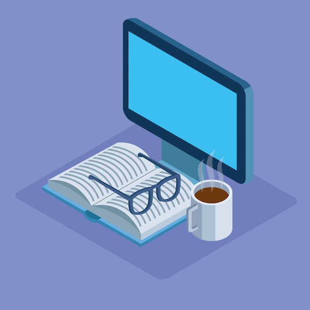 computer with book, glasses and coffee mug over purple background, colorful isometric 