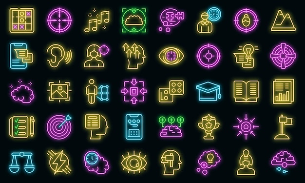 Concentration of attention icons set outline vector. Goal focus. Manage time