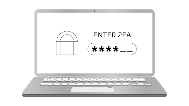 Concept of 2FA twofactor authentication on laptop screen isolated on white Password field and padlock Protecting your money Unlocking via mobile phone Vector illustration