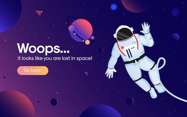 The concept of 404 error web page with astronaut in the open space between different planets