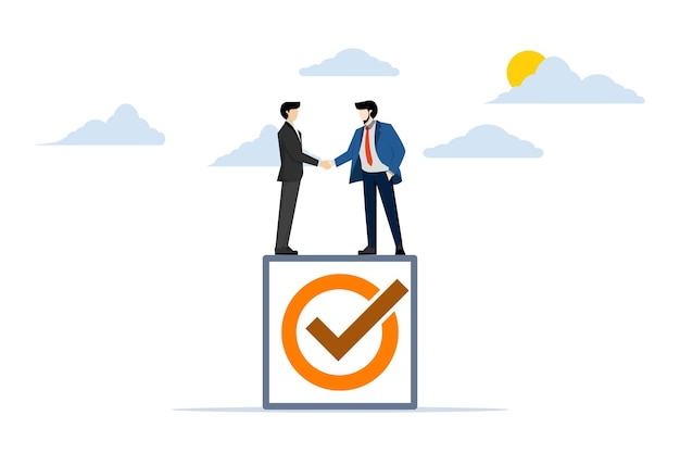 Vector concept of accountability or engagement with businessman handshake on completed check box