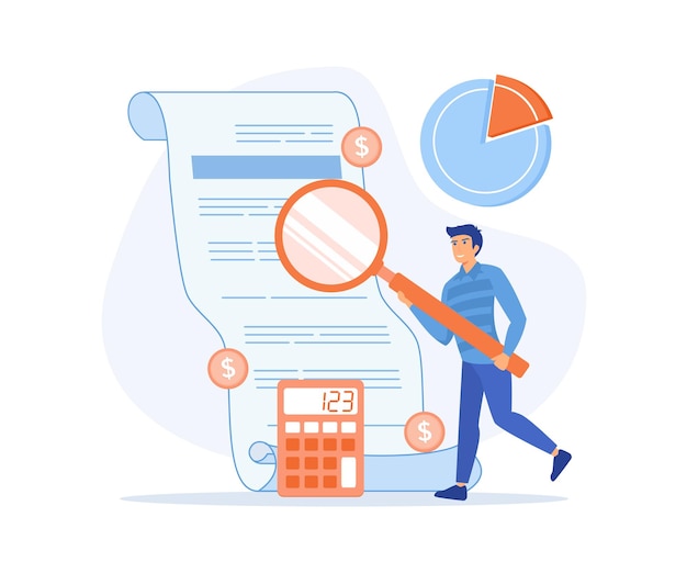 Vector concept of accounting and auditing service for business man looking through magnifying glass at bill check or invoice flat vector modern illustration