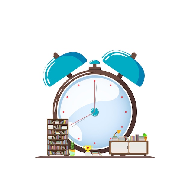 Concept of alarm clock its Time for a study with bookcase books trophy and desk