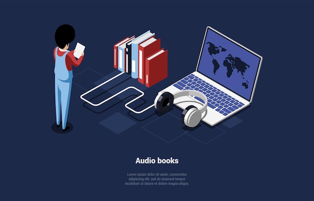 Concept Of Audio Book Library App And SelfEducation Cartoon Character Near Huge Laptop With Books And Headphones Internet library And Learning foreign languages Isometric 3d Vector Illustration