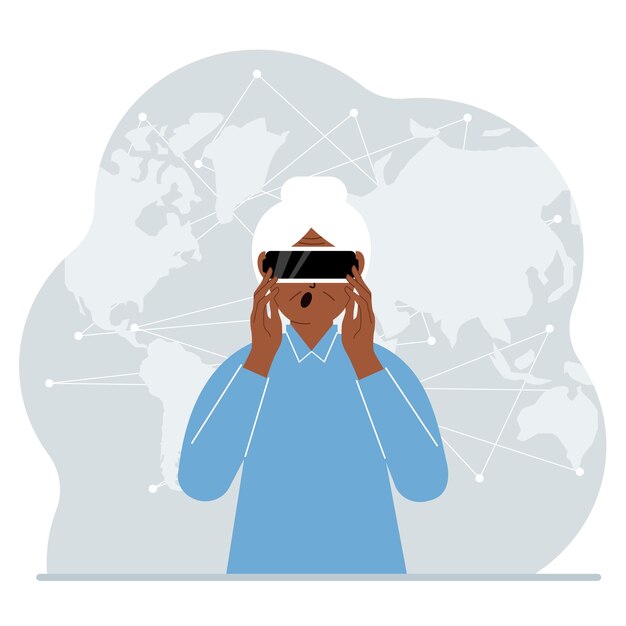 Vector the concept of augmented or extended reality. grandmother wearing 3d glasses or virtual reality headset. on the background of the world map. vector flat illustration