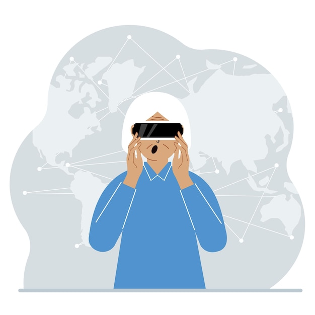 Vector the concept of augmented or extended reality. grandmother wearing 3d glasses or virtual reality headset. on the background of the world map.