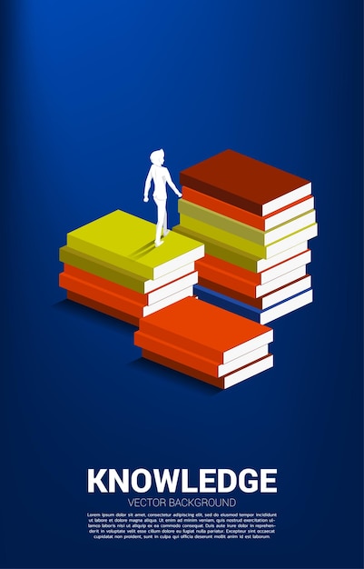 Concept background for power of knowledge Silhouette of businessman walking to top of stack of books