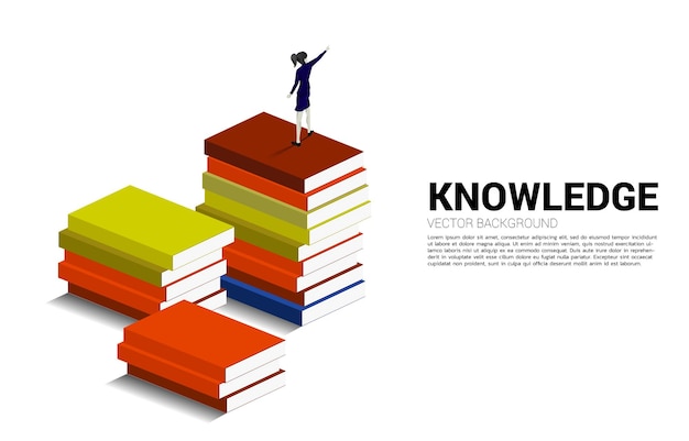 Concept background for power of knowledge Silhouette of businesswoman standing and point ahead on stack of books