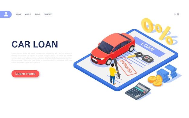 Vector concept banner of car loan or vehicle rental. a man signs an approved contract. vector isometric illustration.