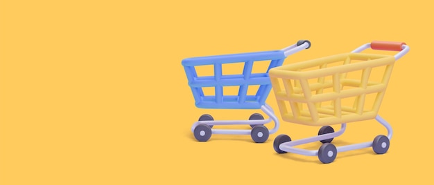 Concept banner with realistic shopping cart on yellow background. Vector illustration