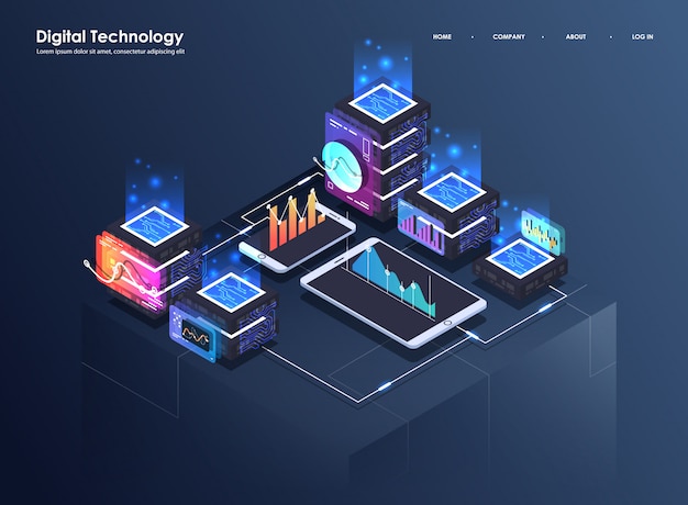 Concept of big data processing, Isometric data center, vector information processing and storage. Creative illustration with abstract geometric elements.