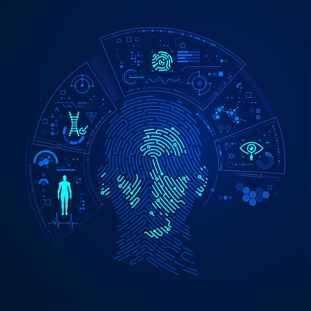 Concept of biometrics or face recognition technology graphic of fingerprint combined with man face and futuristic element