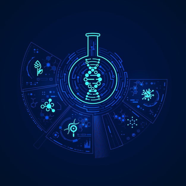 Concept of biotechnology or synthetic biology, graphic of DNA shape inside test tube  with chemistry icons and element