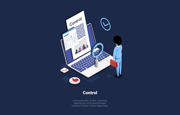 Concept Of Business Control Using Modern Technologies Man Looking On Laptop Screen With Charts Full Control of Business Reports Manager Analyzes Business Chart Isometric 3d Vector Illustration