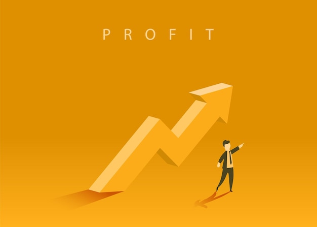 Concept of business growth with an upward arrow and a businessman showing the direction symbol of