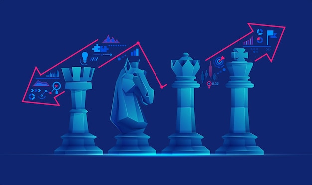 Concept of business strategy graphic of low poly knight king queen and rook chess piece with buisness element