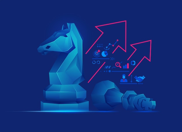 Concept of business strategy or risk management, graphic of low poly chessboard figures with business icons