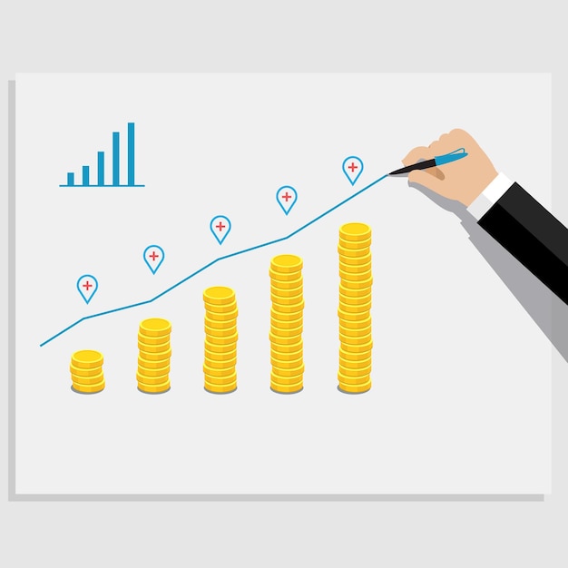 Concept of business success. Graph with golden coins.