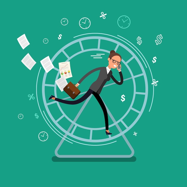 Concept of busy business people. Business woman running in a hamster wheel. Flat design, vector illustration.