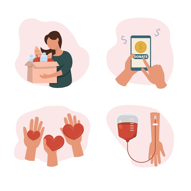 Concept of charity and donation. Give and share your love, blood, money , groceries to people. Hands holding a heart symbol. Flat design, vector illustration isolated on white background.