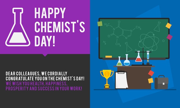 Concept Chemists Day Chalkboard With Different Objects. Vector Illustration. Set Object.