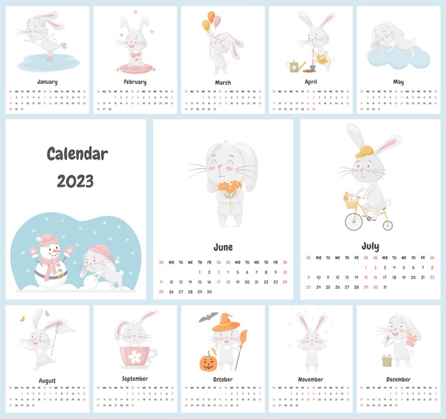 Concept of children's calendar for 2023 with a cute bunny character All pages A set with a adorable animal rabbits in pastel colors Used free font Vector illustrations on a white background