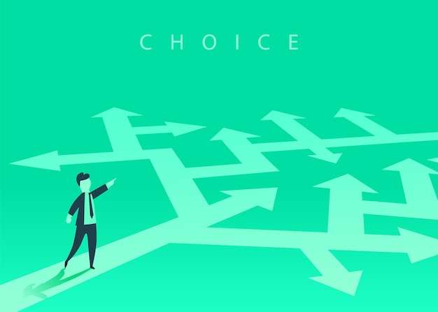 Vector the concept of choosing the way of business and a businessman showing the direction problem solving