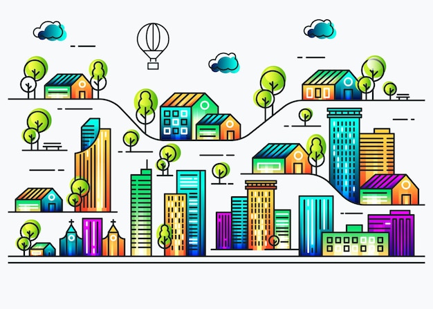 Concept city line illustration with colorful background