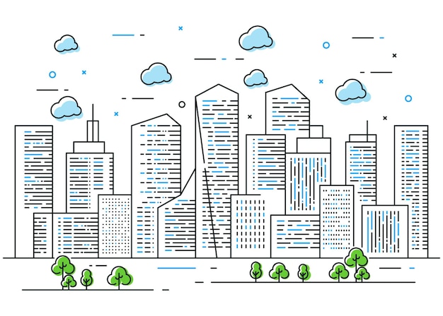 Concept city line illustration with tree