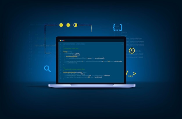 Concept of computer programming or software or game development 3d vector illustration with coding symbols and programming windows Concept of information technologies and computer engineering