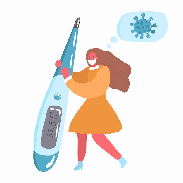 The concept of coronavirus, medecine. A girl with a thermometer in his hands, in a mask, thinks about the virus. Elevated temperature 37.5. Stock vector illustration.