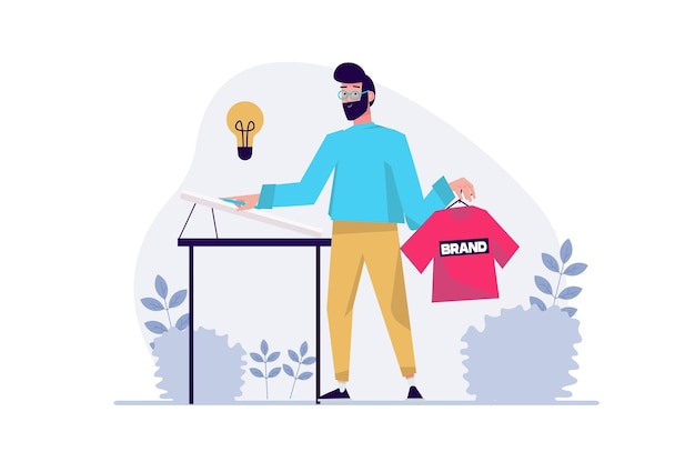 Concept Creative worker designer with people scene in the flat cartoon design Man creates new clothes based on his sketch Vector illustration