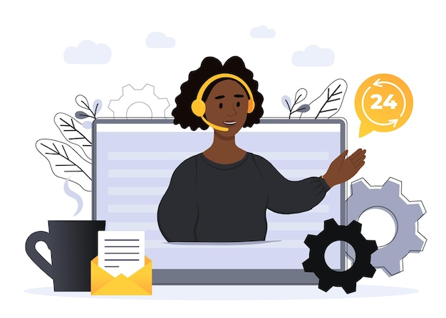 Concept customer and operator, online technical support 24-7 for web page. Vector illustration african american female hotline operator advises client. Online assistant, virtual help service.