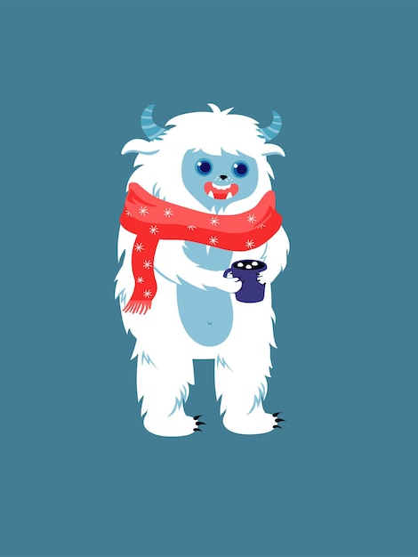 Concept Cute Yeti drinking hot chocolate This vector illustration showcases a cozy flat scene